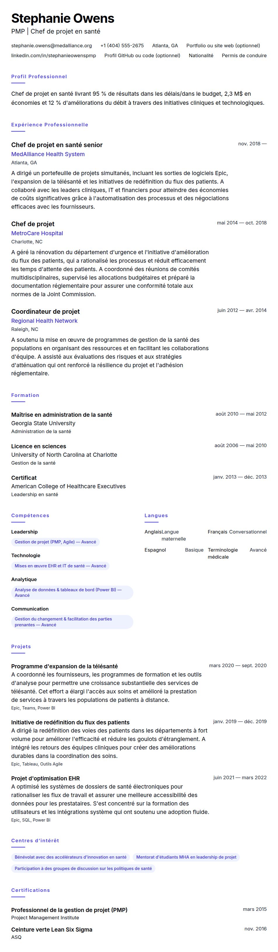 Aperçu du CV Exemple de CV de Chef de projet en santé