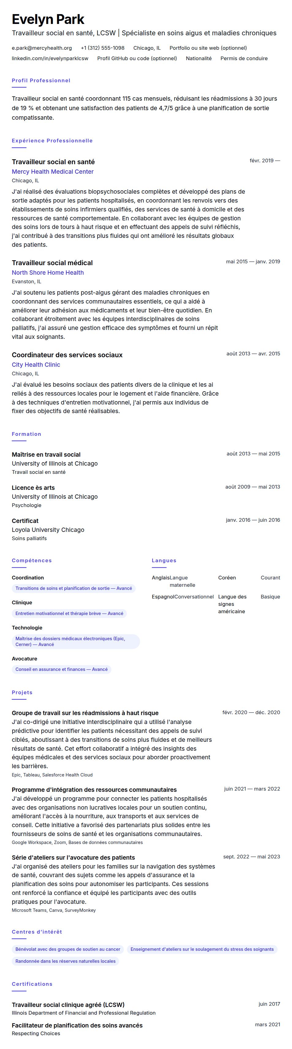 Aperçu du CV Exemple de CV de travailleur social en santé