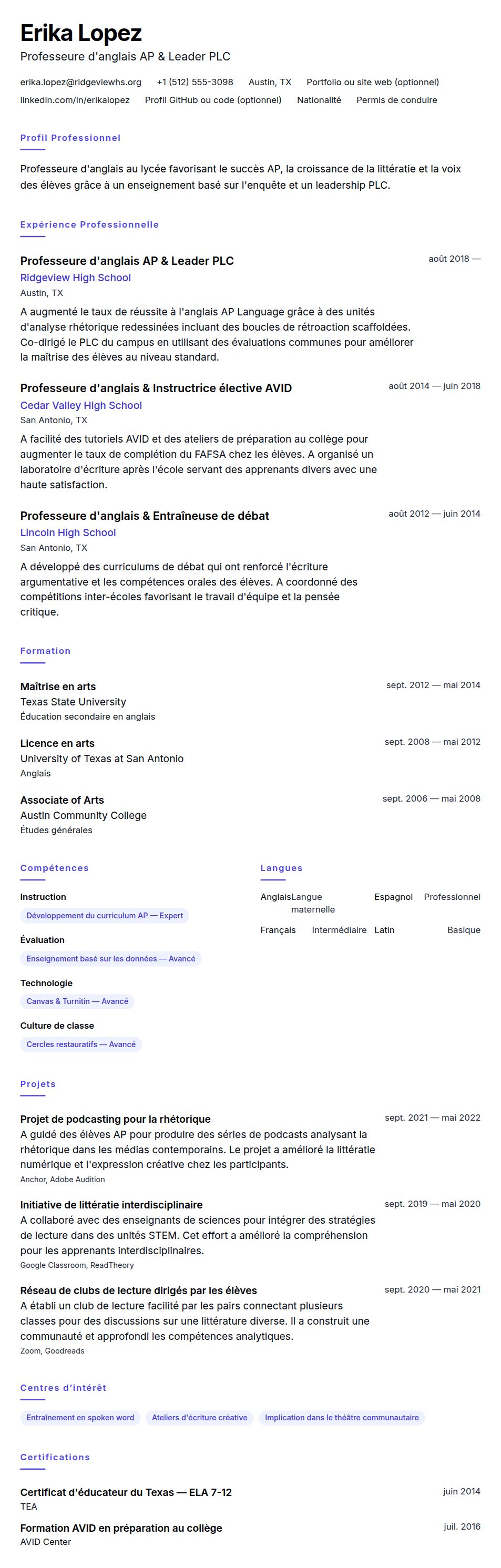 Aperçu du CV Exemple de CV de professeur de lycée