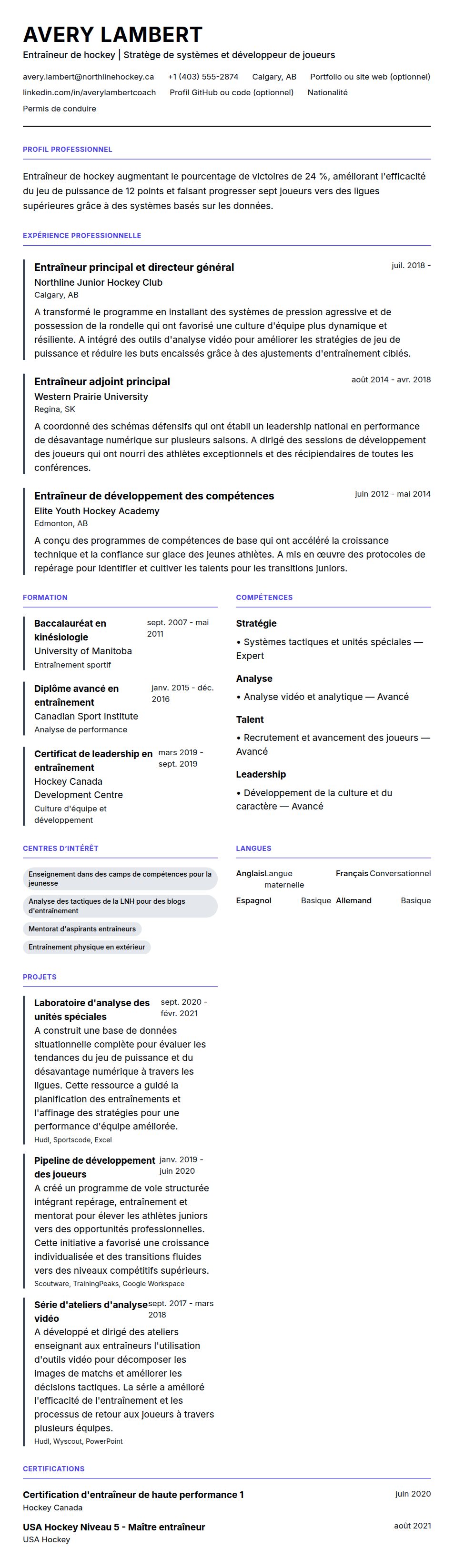 Aperçu du CV Exemple de CV d'Entraîneur de hockey