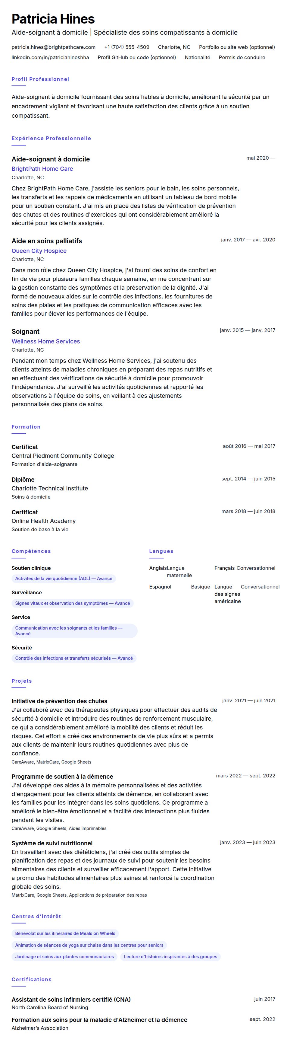 Exemple de CV d'Aide-soignant à domicile