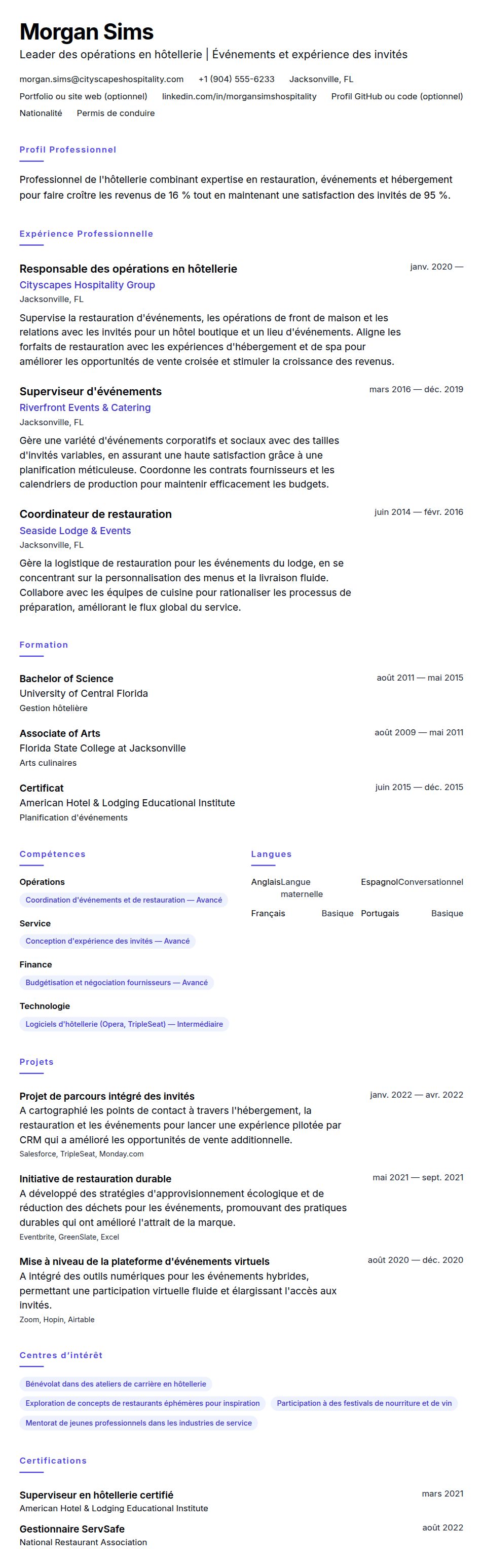 Aperçu du CV Exemple de CV de professionnel de l'hospitalité et de la restauration