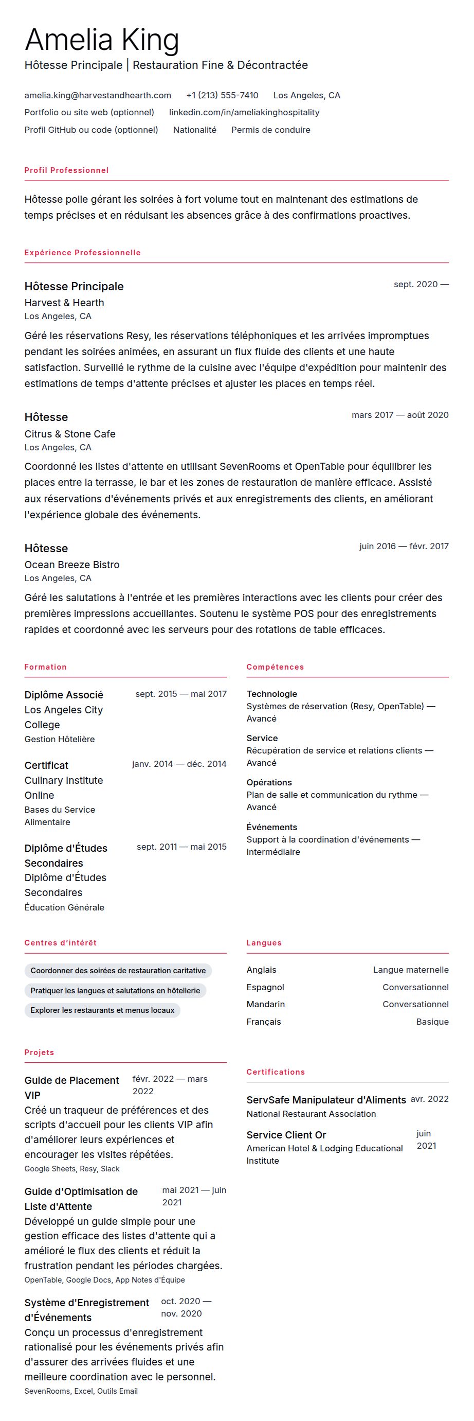 Aperçu du CV Exemple de CV d'Hôtesse