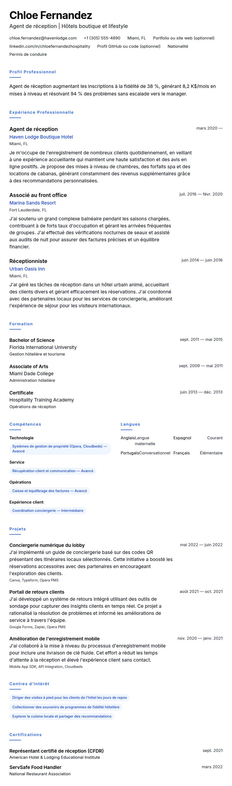 Aperçu du CV Exemple de CV d'employé de la réception d'hôtel