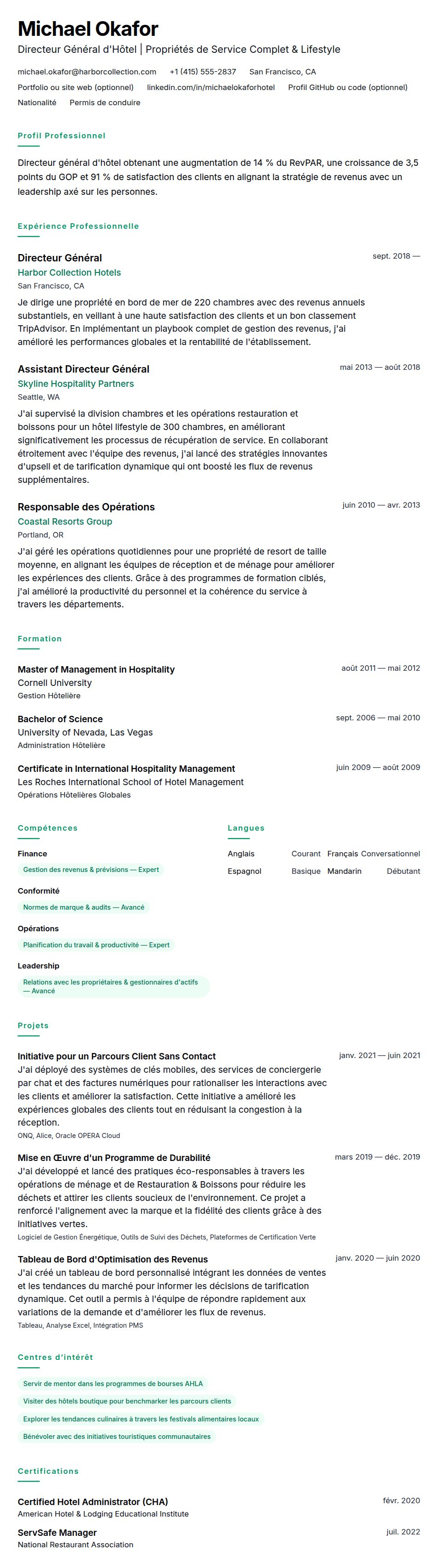 Aperçu du CV Exemple de CV en Gestion Hôtelière