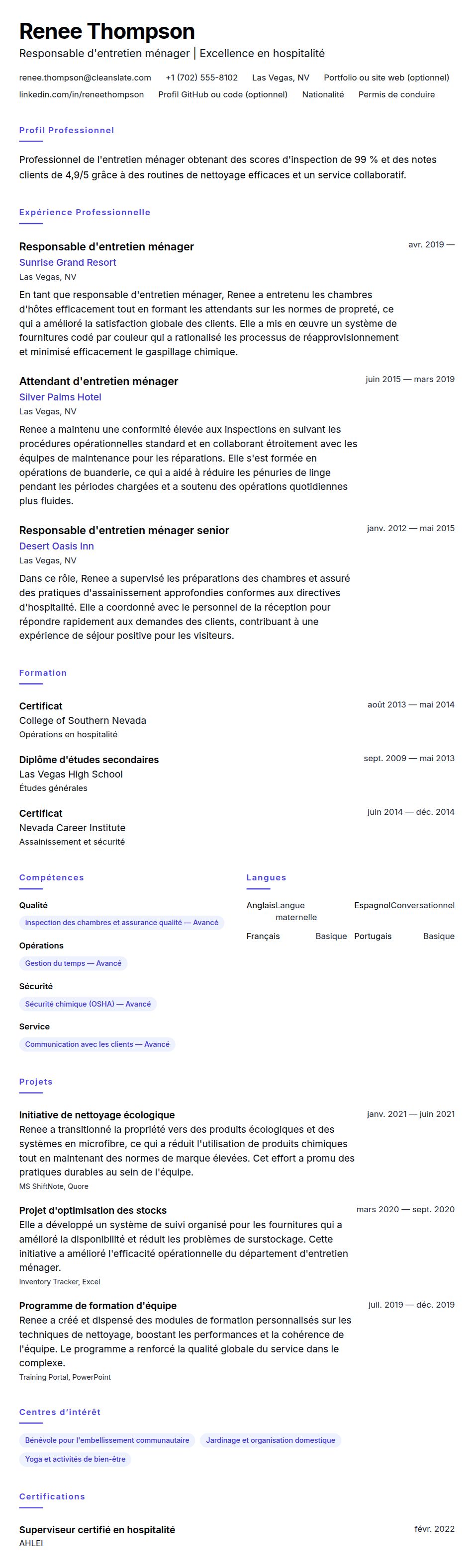 Aperçu du CV Exemple de CV pour Entretien ménager