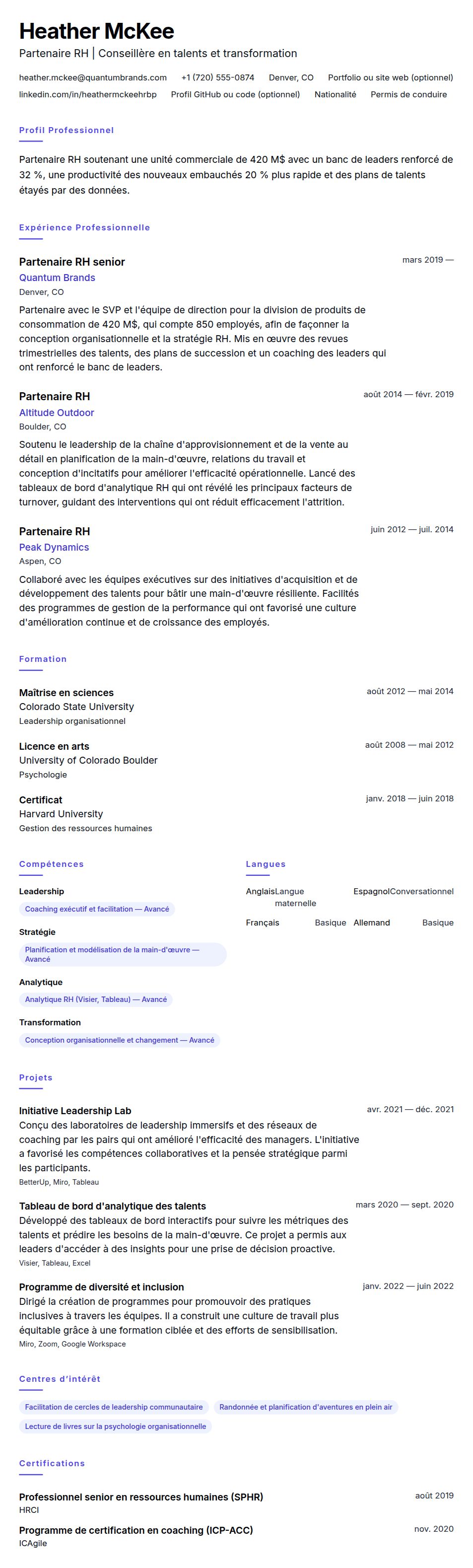 Aperçu du CV Exemple de CV de Partenaire RH