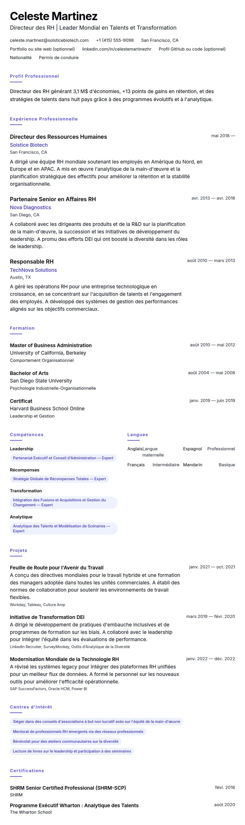 Aperçu du CV Exemple de CV de Directeur des Ressources Humaines