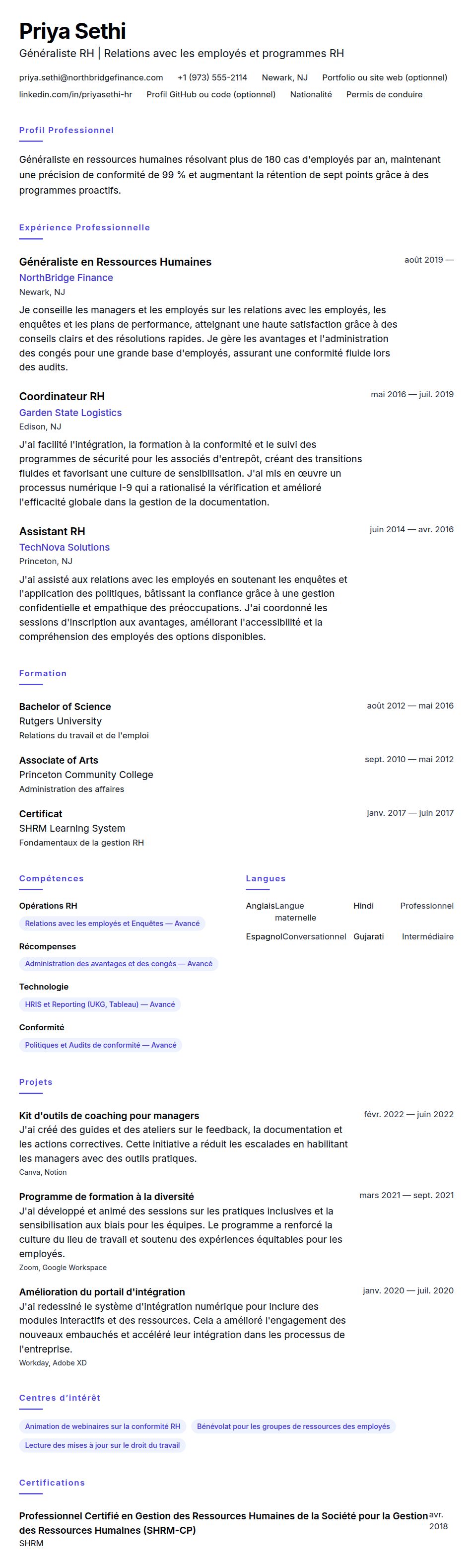 Aperçu du CV Exemple de CV de Généraliste en Ressources Humaines
