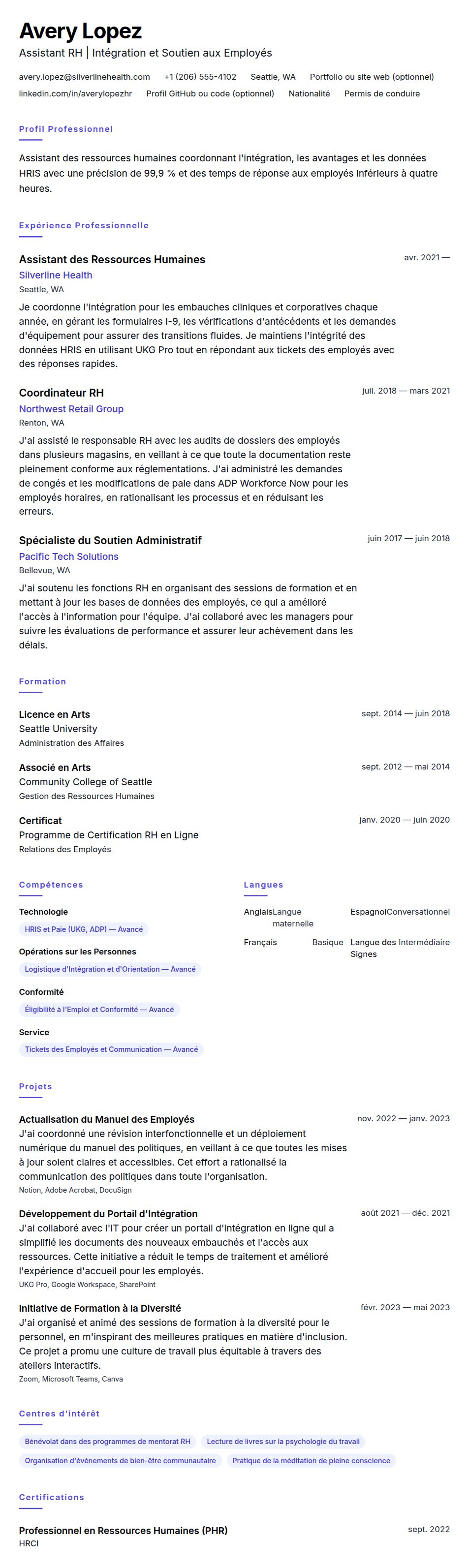Exemple de CV pour Assistant des Ressources Humaines
