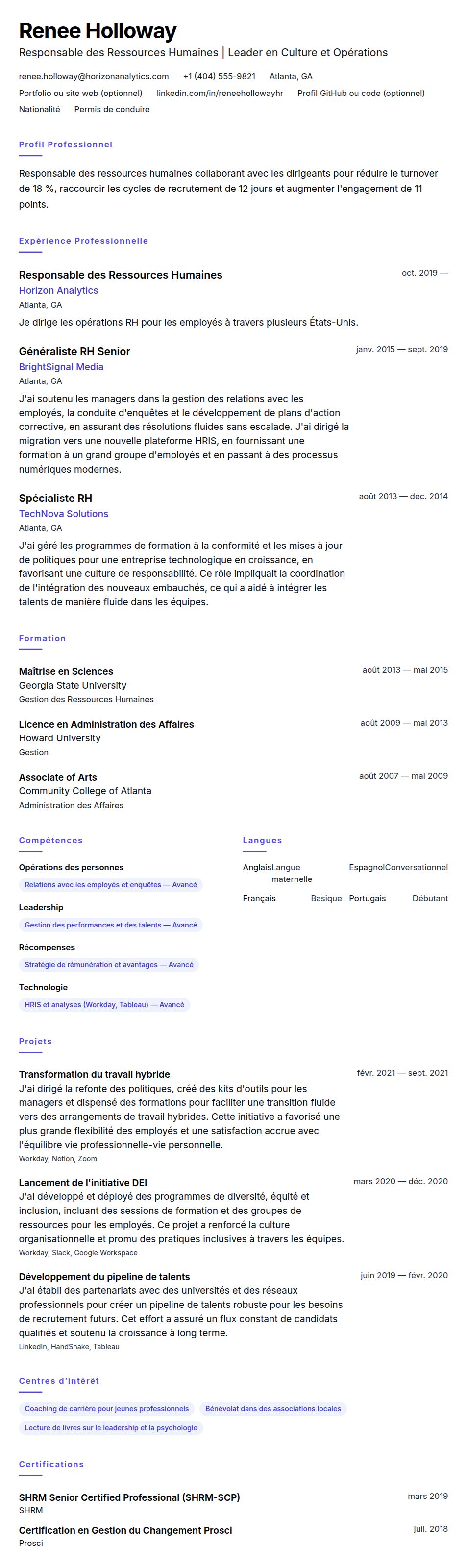 Exemple de CV de Responsable des Ressources Humaines