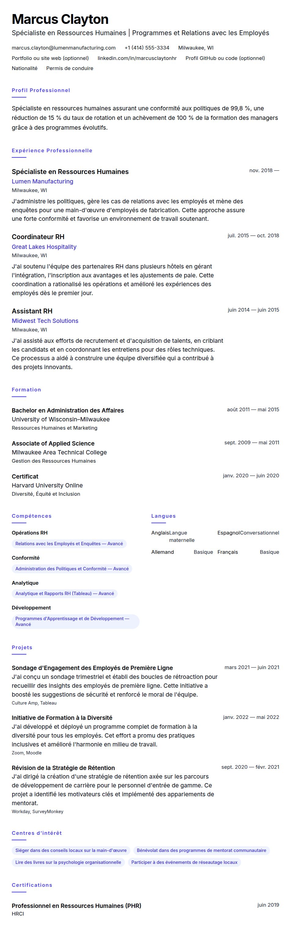 Aperçu du CV Exemple de CV de Spécialiste en Ressources Humaines