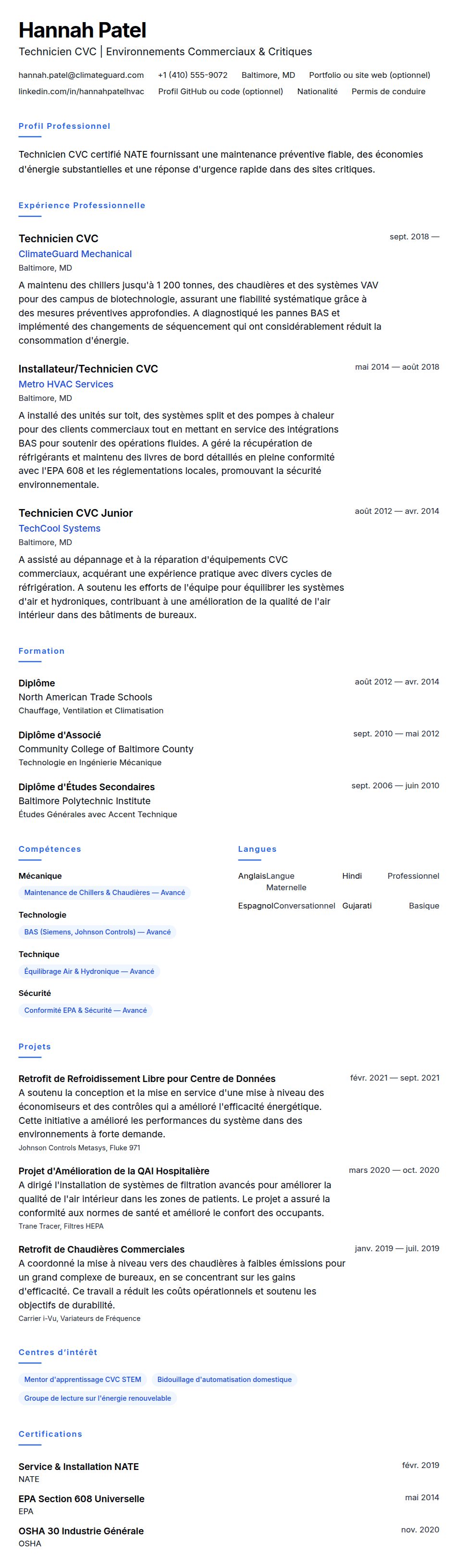 Aperçu du CV Exemple de CV de Technicien CVC