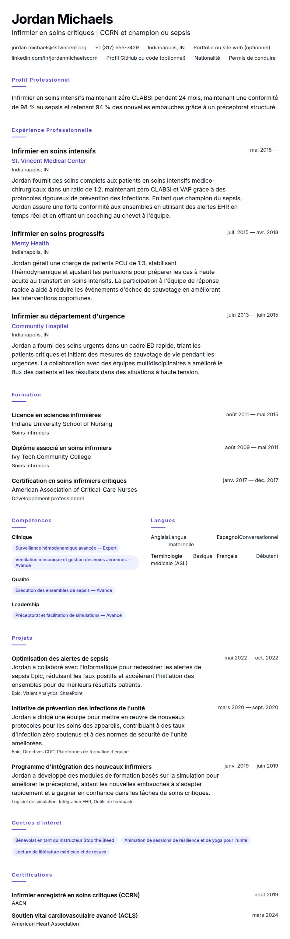 Aperçu du CV Exemple de CV d'infirmier en soins intensifs