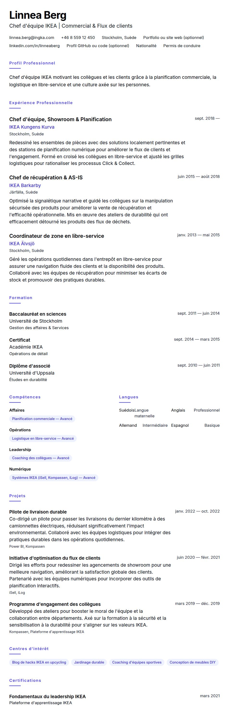 Aperçu du CV Exemple de CV pour Chef d'équipe IKEA