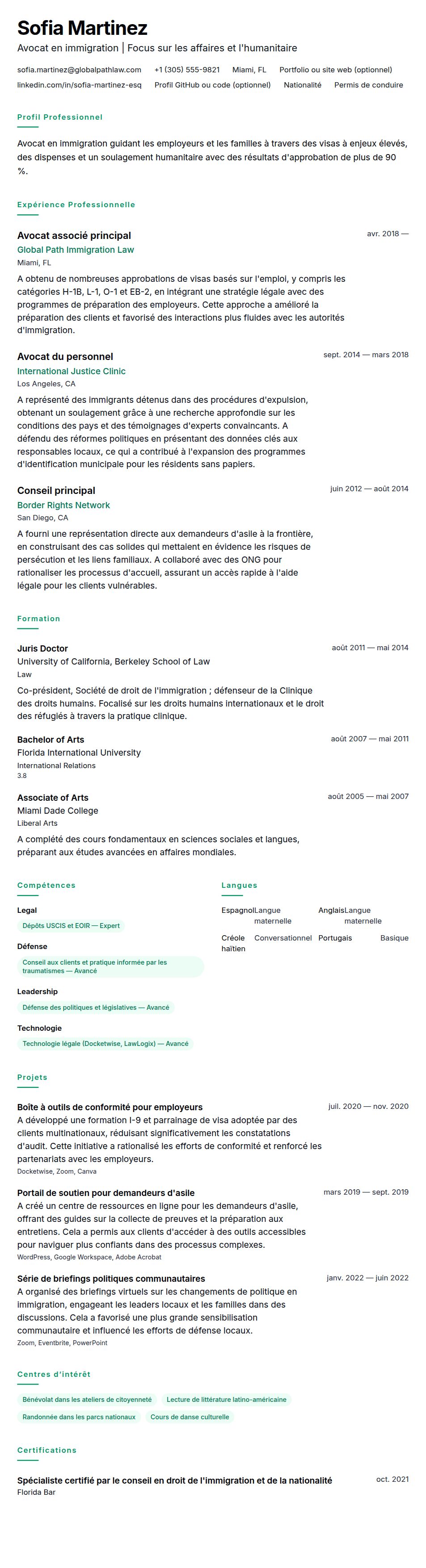 Aperçu du CV Exemple de CV d'avocat en immigration