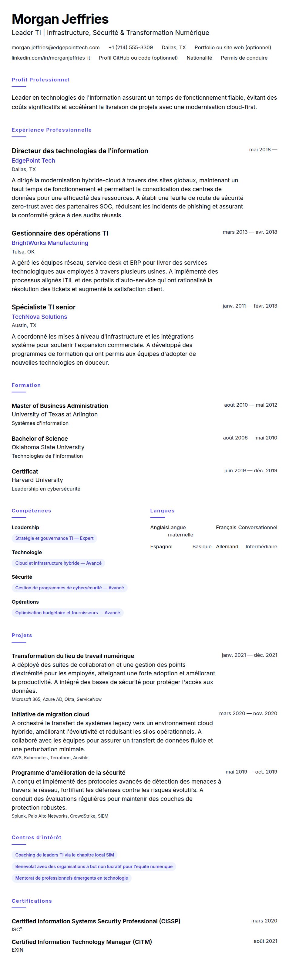 Aperçu du CV Exemple de CV de professionnel en technologies de l'information