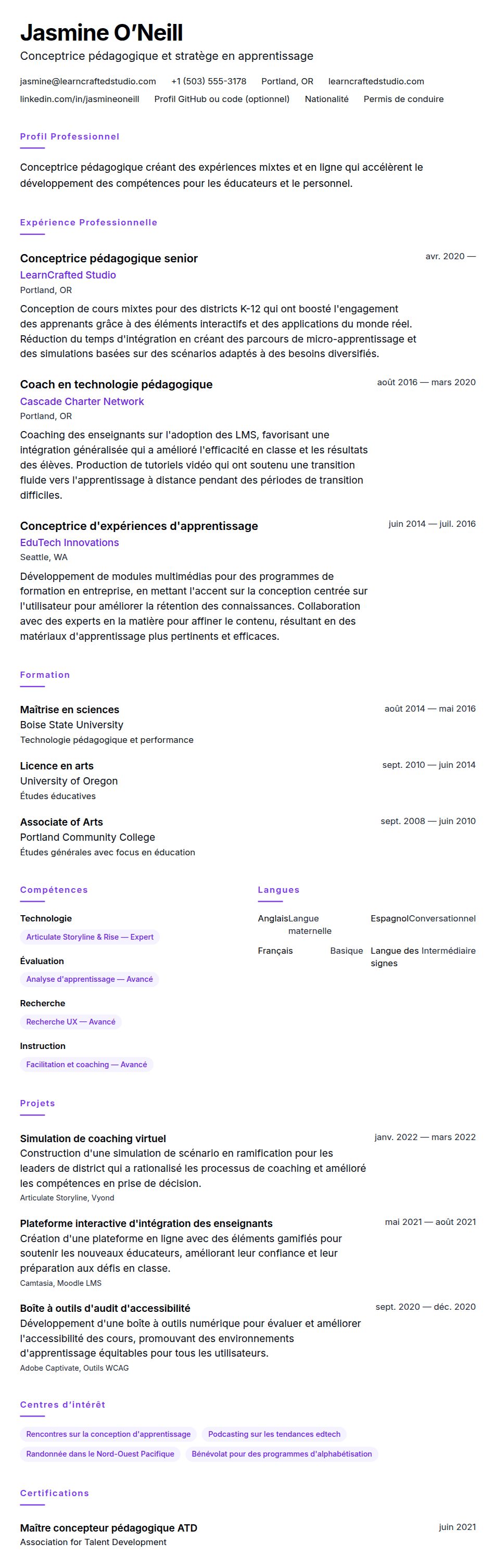 Aperçu du CV Exemple de CV de concepteur pédagogique