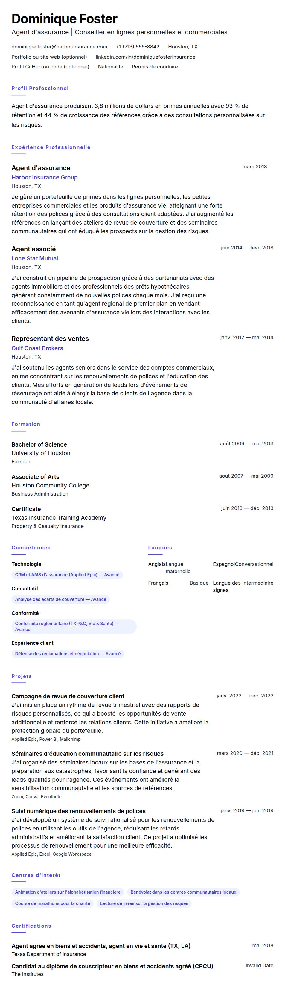 Aperçu du CV Exemple de CV d'Agent d'assurance