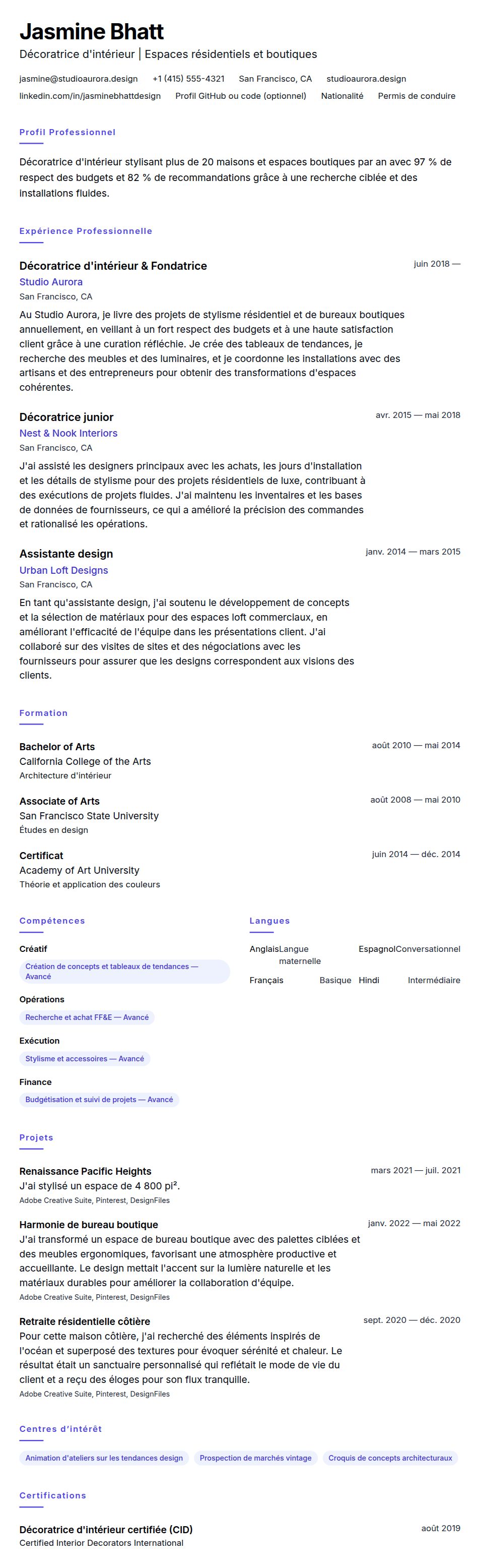 Aperçu du CV Exemple de CV de Décorateur d'intérieur