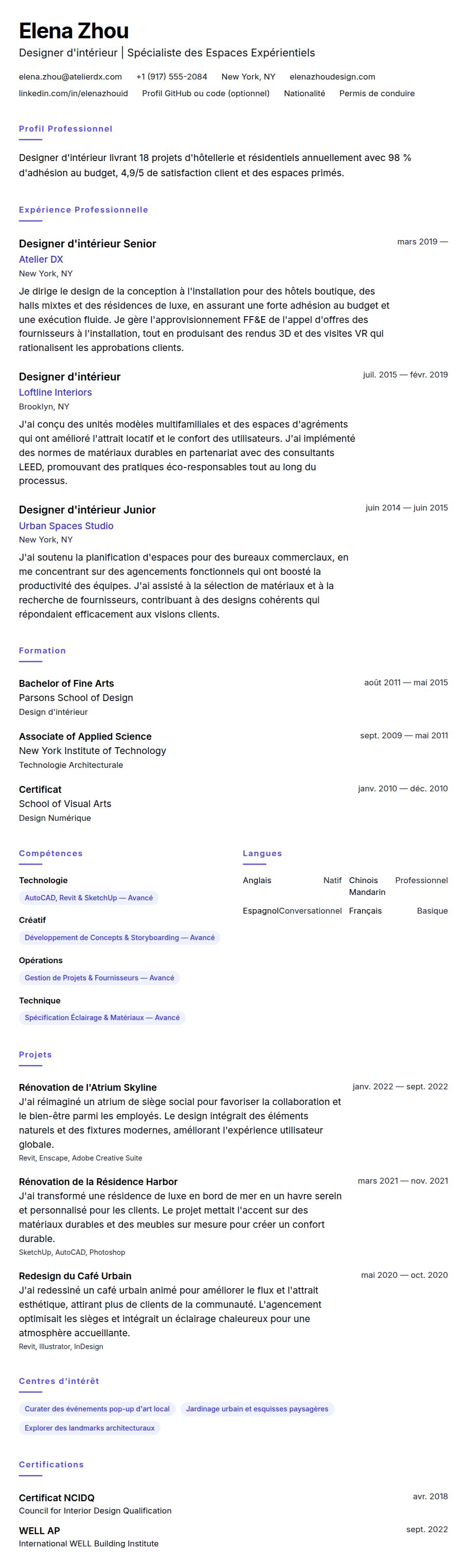 Aperçu du CV Exemple de CV de Designer d'intérieur
