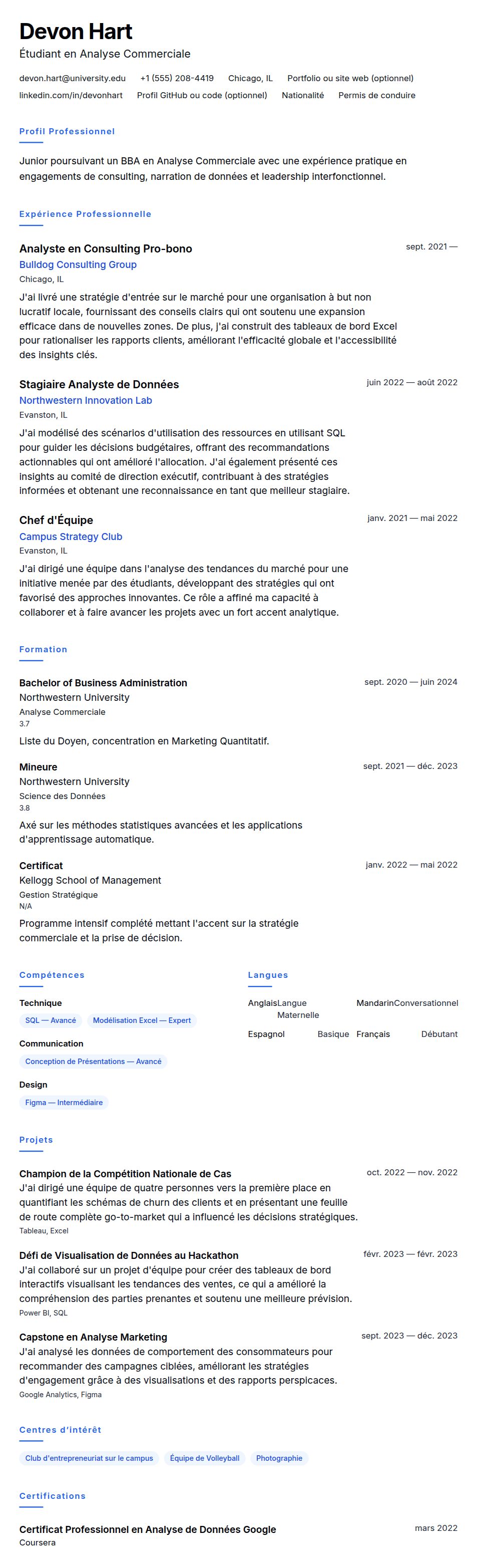 Aperçu du CV Exemple de CV pour Stage