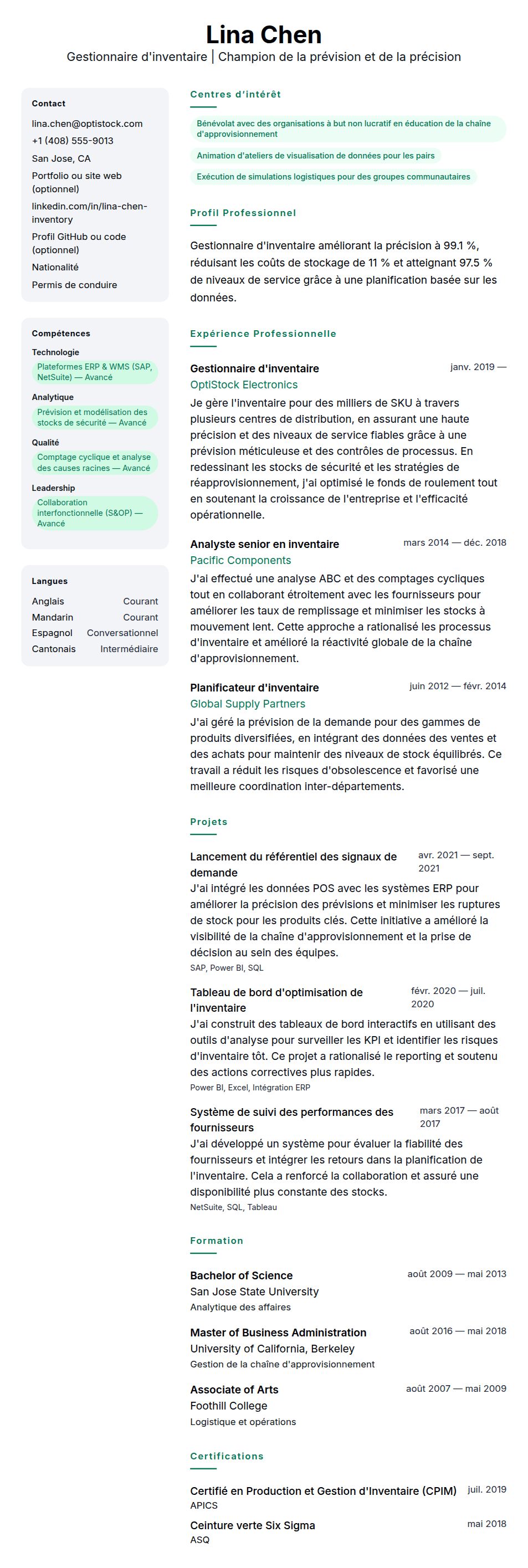 Aperçu du CV Exemple de CV de Gestionnaire d'inventaire