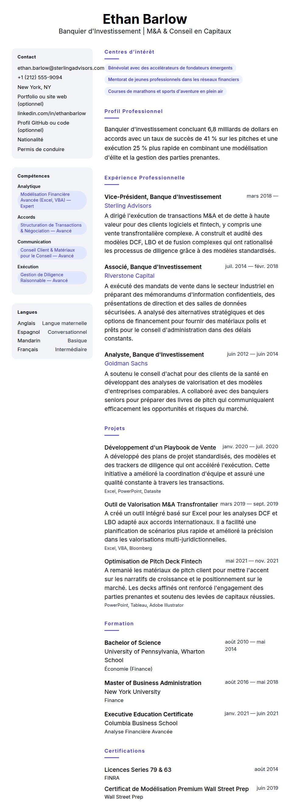 Aperçu du CV Exemple de CV de Banquier d'Investissement