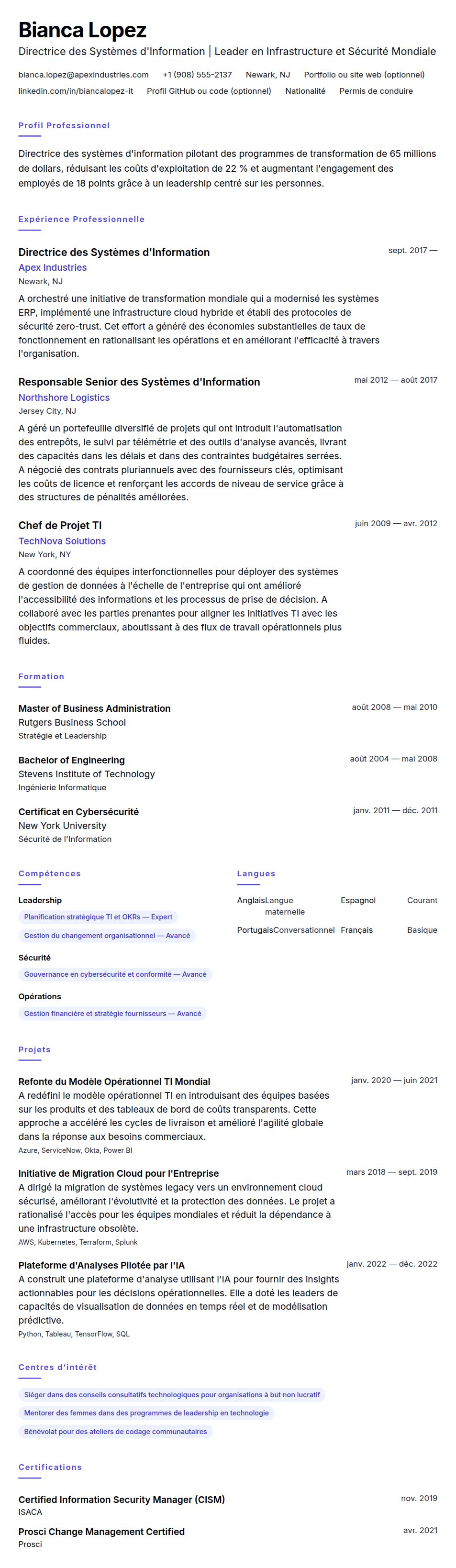 Aperçu du CV Exemple de CV pour Directeur des Systèmes d'Information