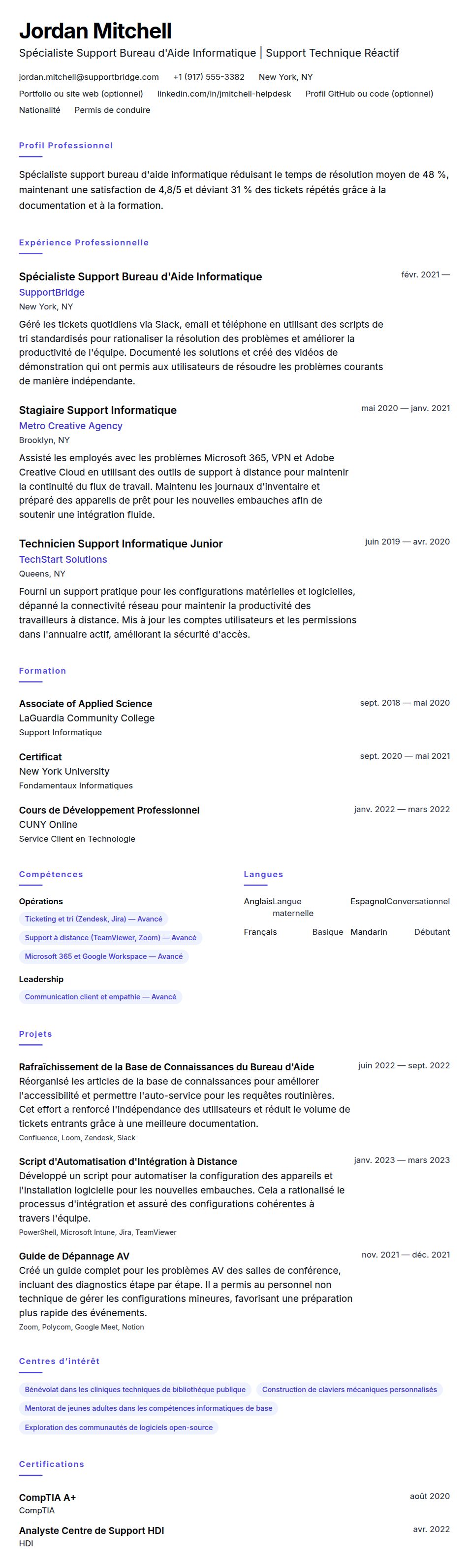 Aperçu du CV Exemple de CV pour Support Bureau d'Aide Informatique