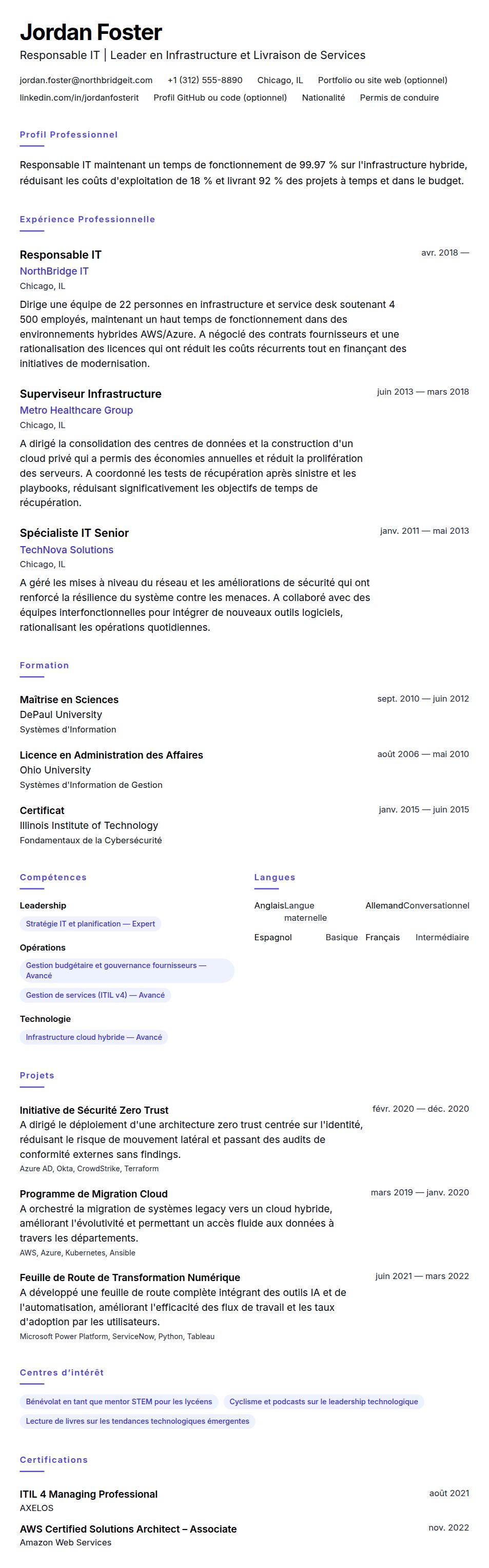Aperçu du CV Exemple de CV de Responsable IT