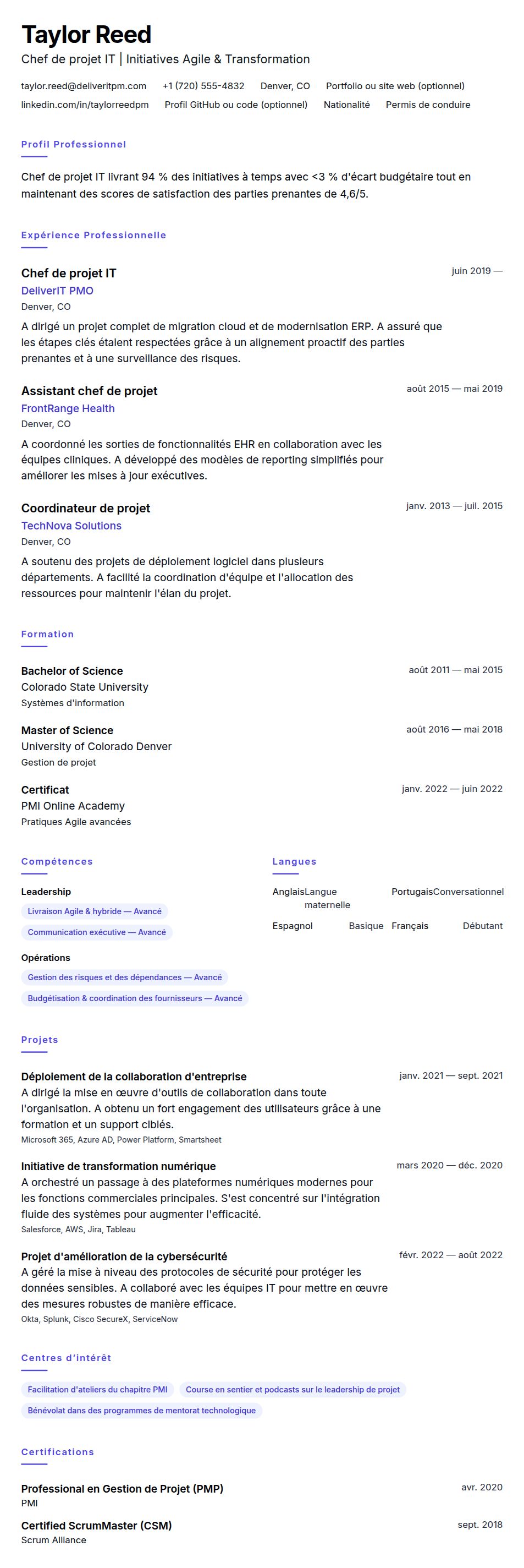 Aperçu du CV Exemple de CV pour chef de projet IT