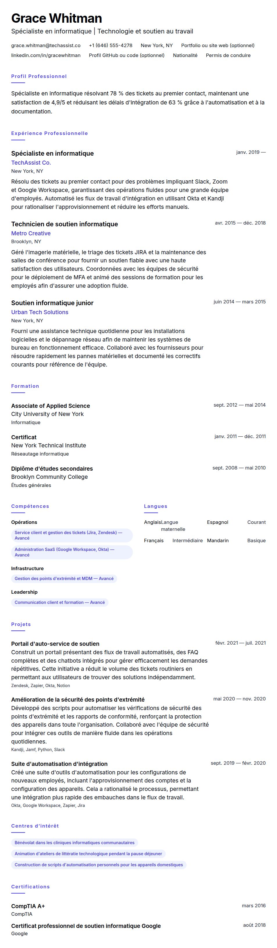 Aperçu du CV Exemple de CV de spécialiste en informatique