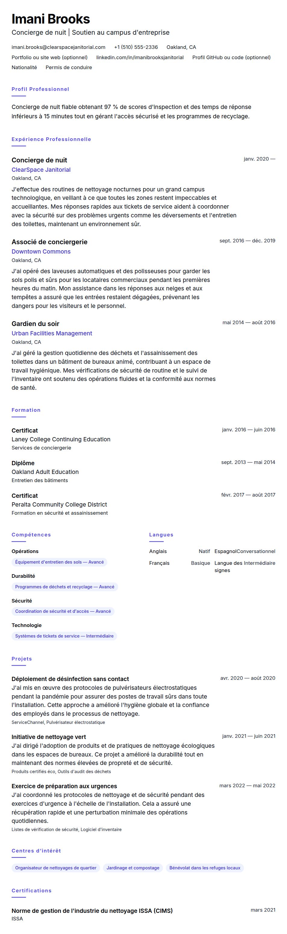 Exemple de CV de Concierge