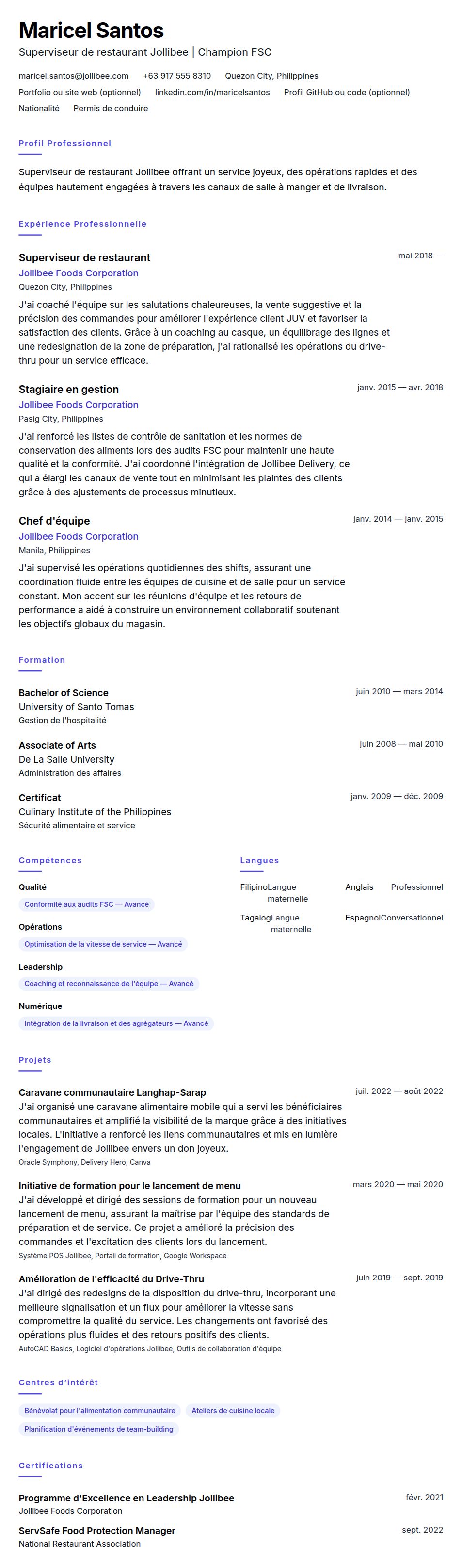 Aperçu du CV Exemple de CV pour Superviseur de restaurant Jollibee