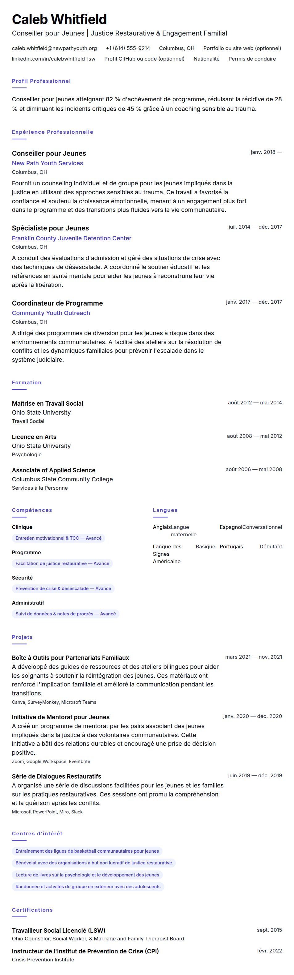 Aperçu du CV Exemple de CV de Conseiller pour Jeunes