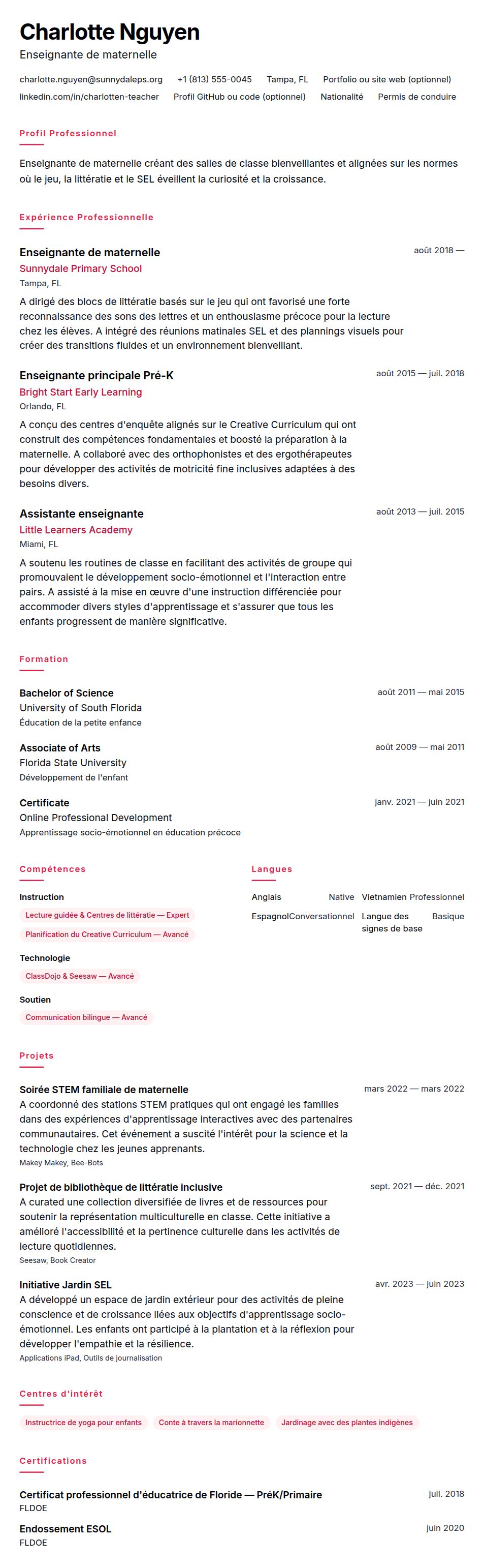 Aperçu du CV Exemple de CV d'enseignante de maternelle