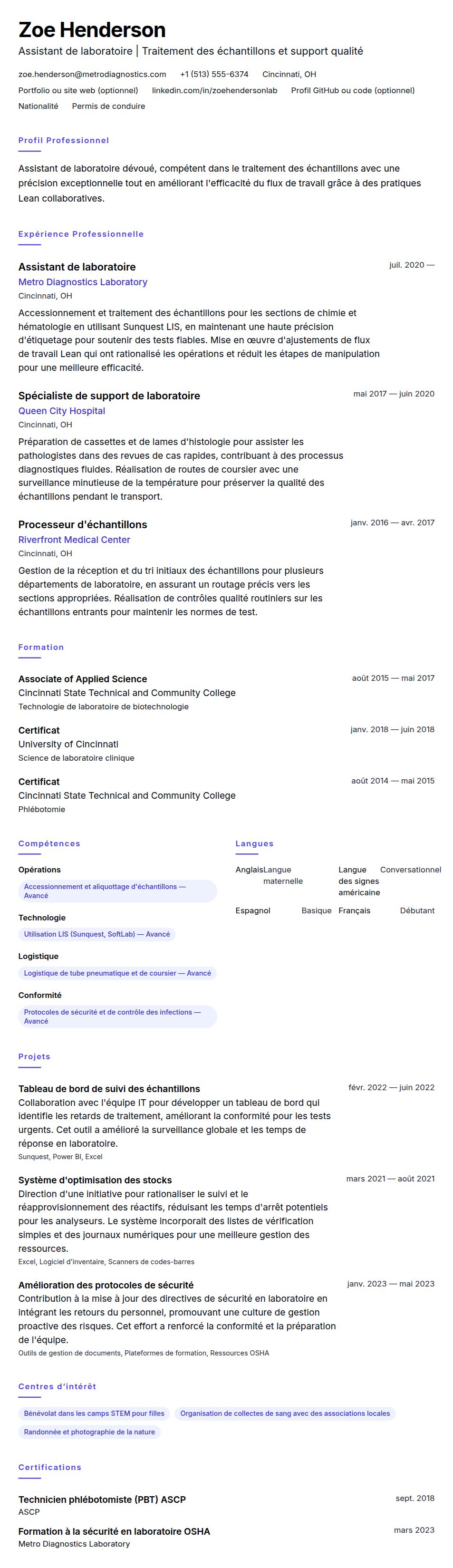 Aperçu du CV Exemple de CV d'Assistant de laboratoire