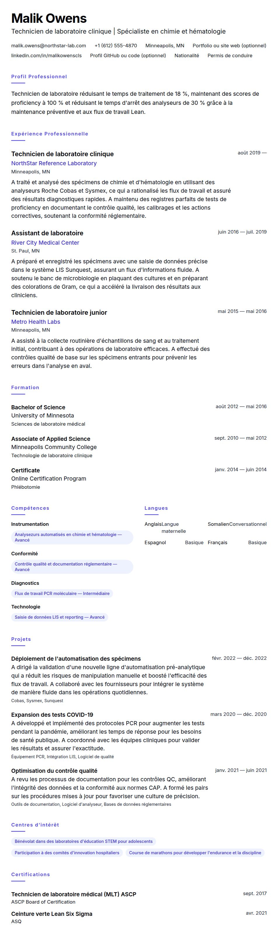 Aperçu du CV Exemple de CV de Technicien de laboratoire