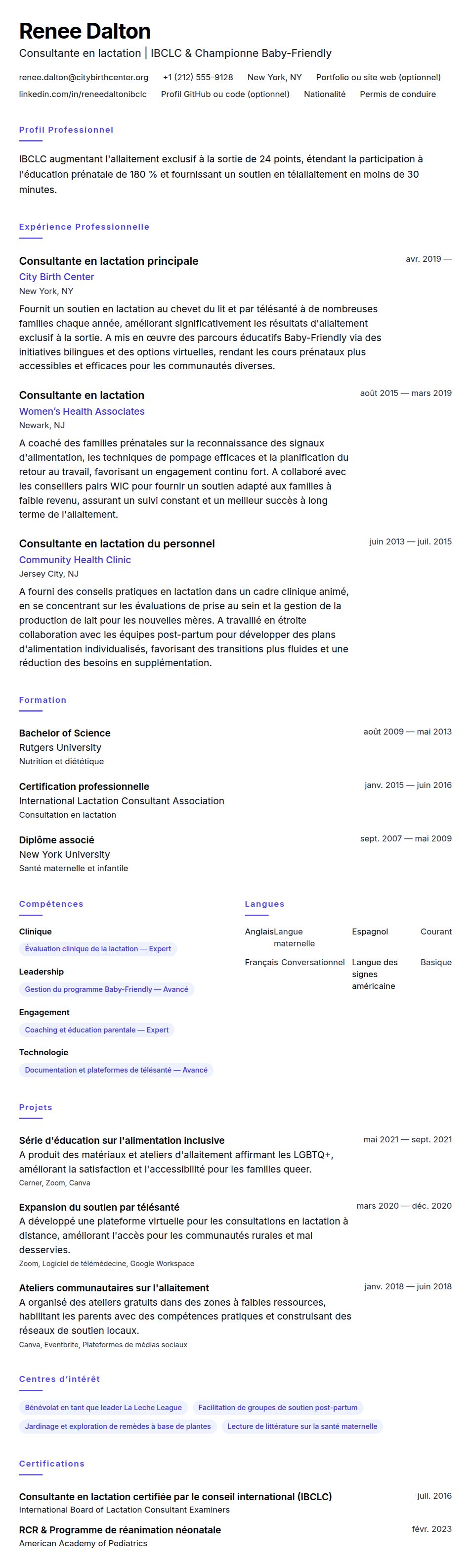 Aperçu du CV Exemple de CV de Consultante en Lactation