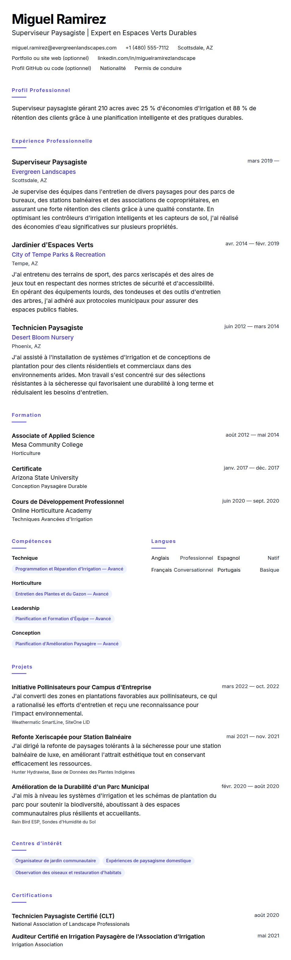 Aperçu du CV Exemple de CV en Paysagisme