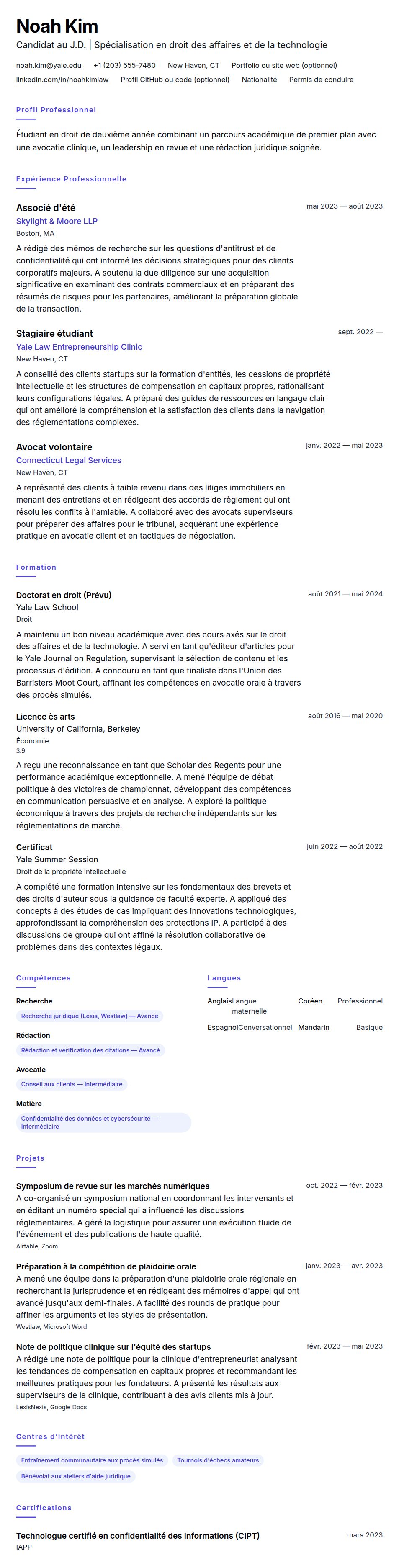 Exemple de CV pour étudiant en école de droit