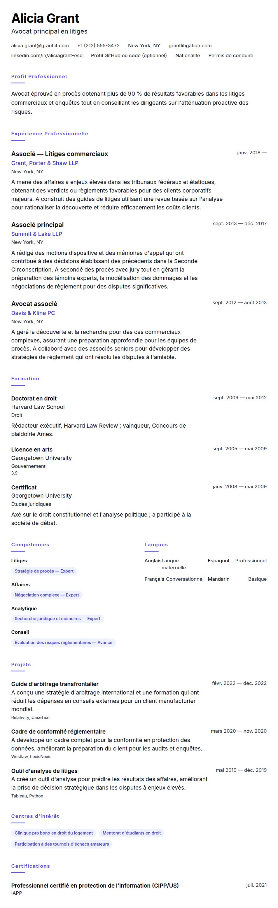 Exemple de CV d'Avocat