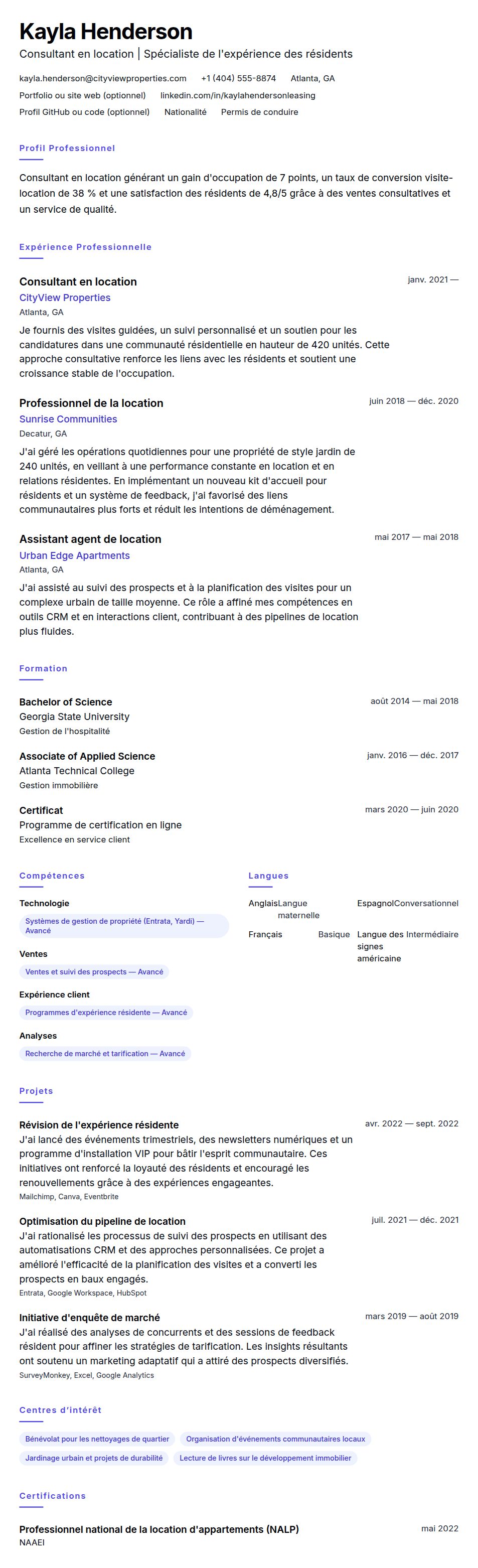 Exemple de CV de Consultant en location