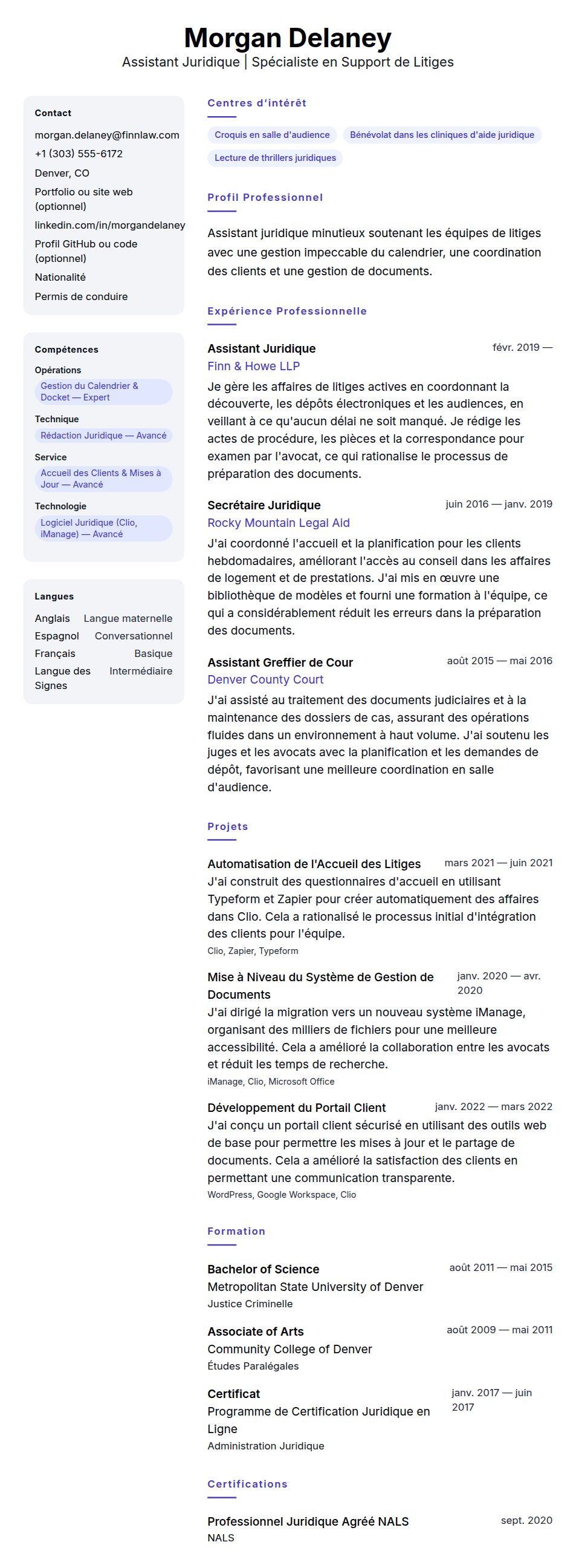 Aperçu du CV Exemple de CV d'Assistant Juridique