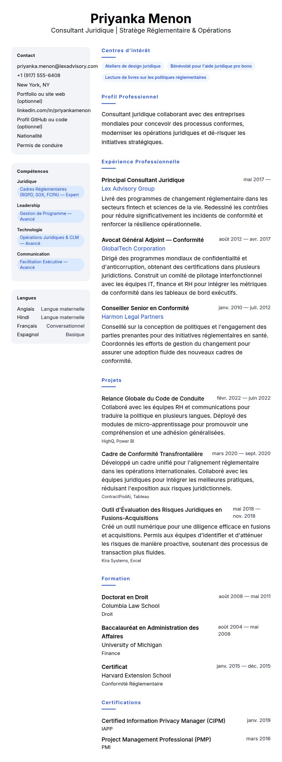 Aperçu du CV Exemple de CV de Consultant Juridique