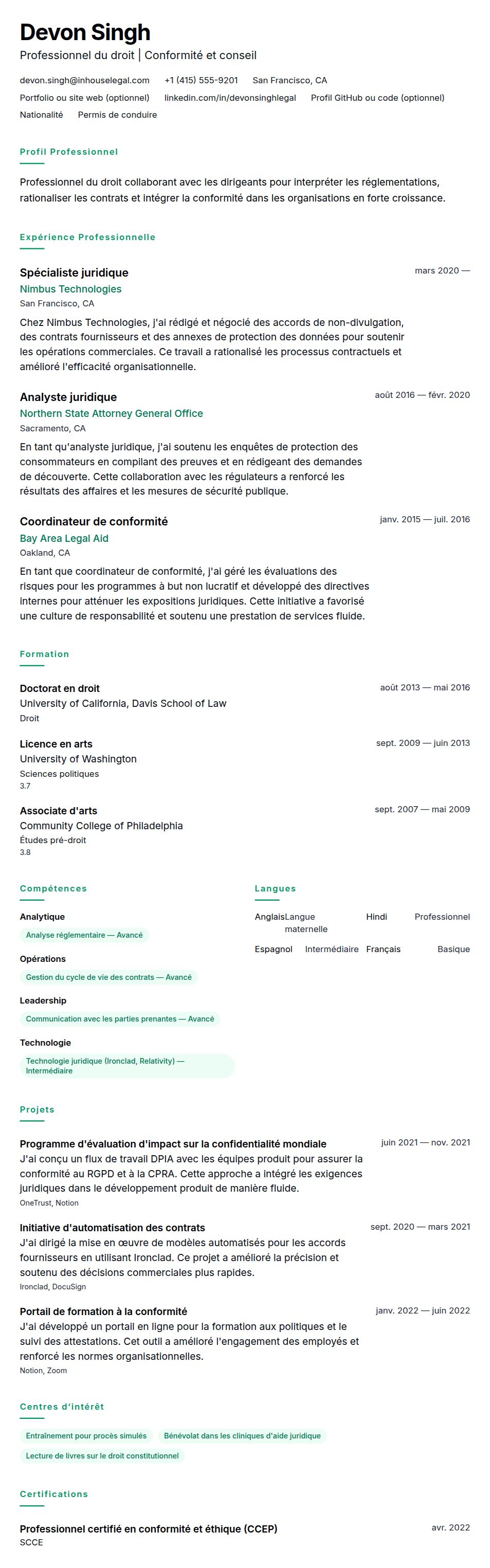 Exemple de CV pour un professionnel du droit