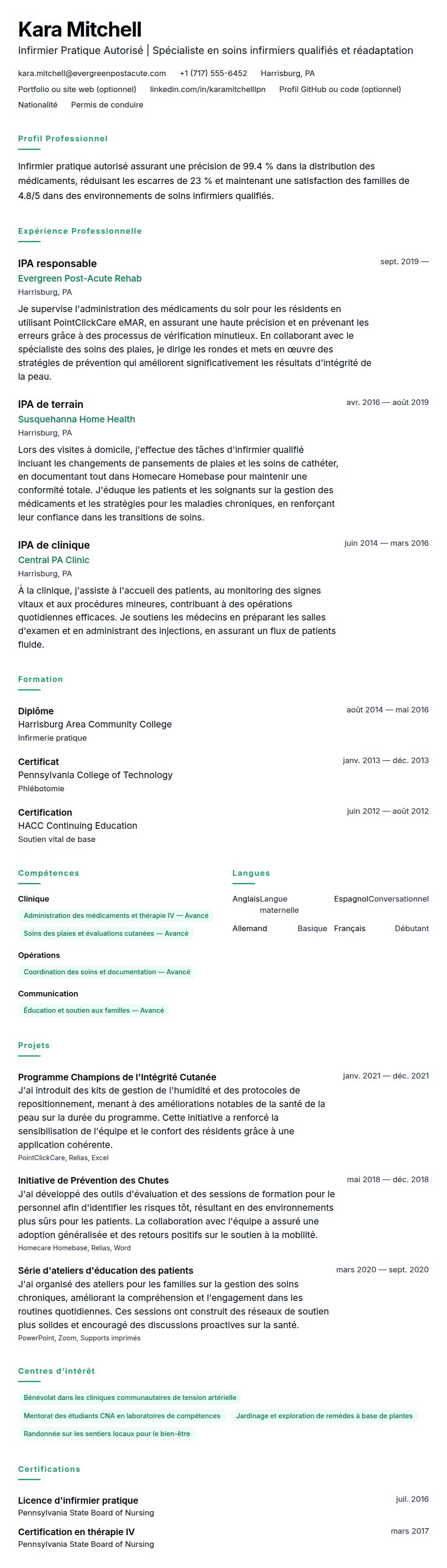 Aperçu du CV Exemple de CV d'Infirmier Pratique Autorisé (IPA)