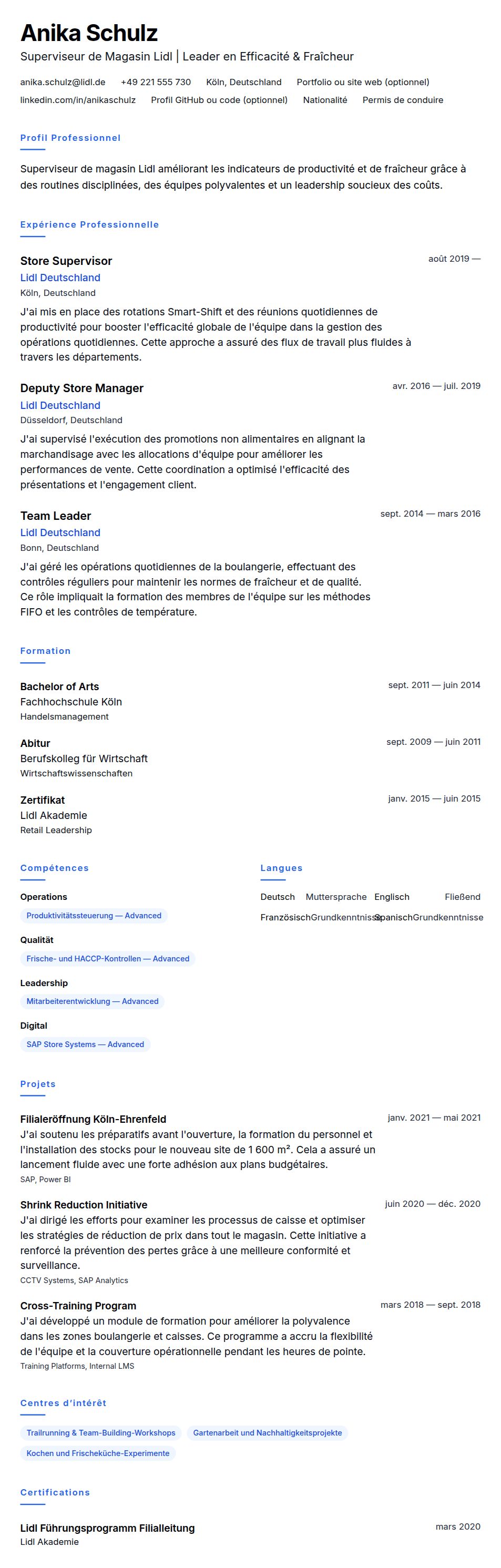 Aperçu du CV Exemple de CV pour Superviseur de Magasin Lidl