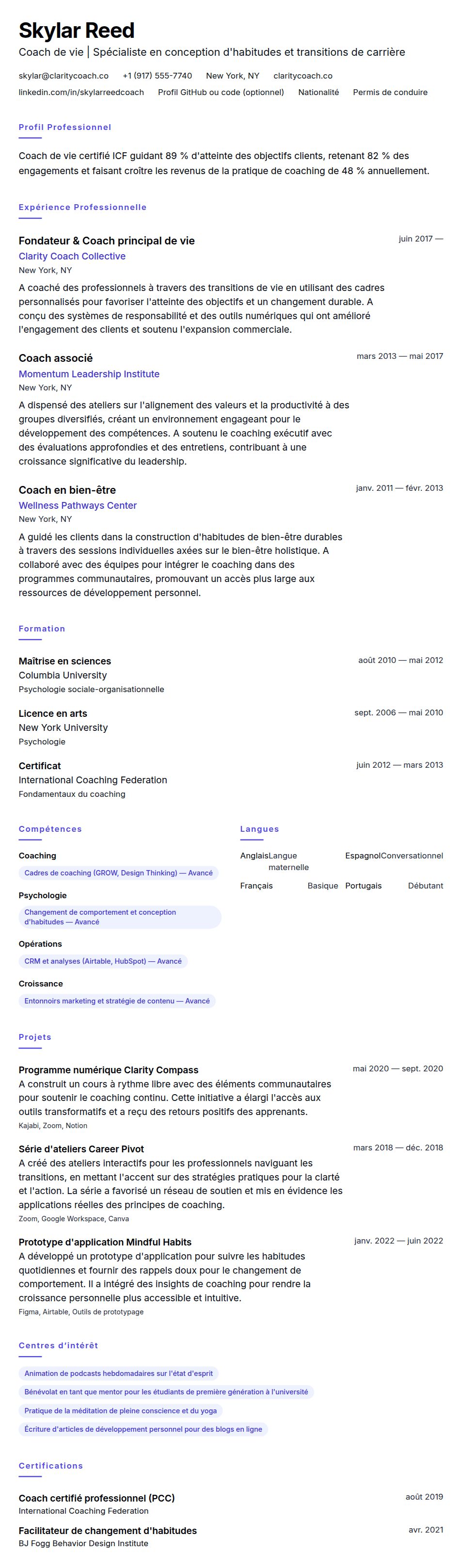 Exemple de CV de Coach de vie